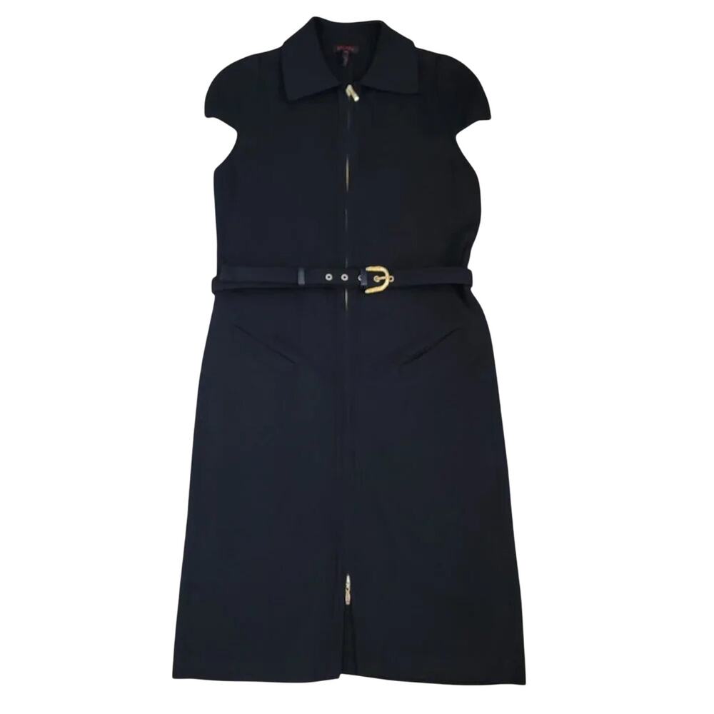 Escada Sheath Dress Cap Sleeve Black Women Size M Front Zip Leather Belt Silk